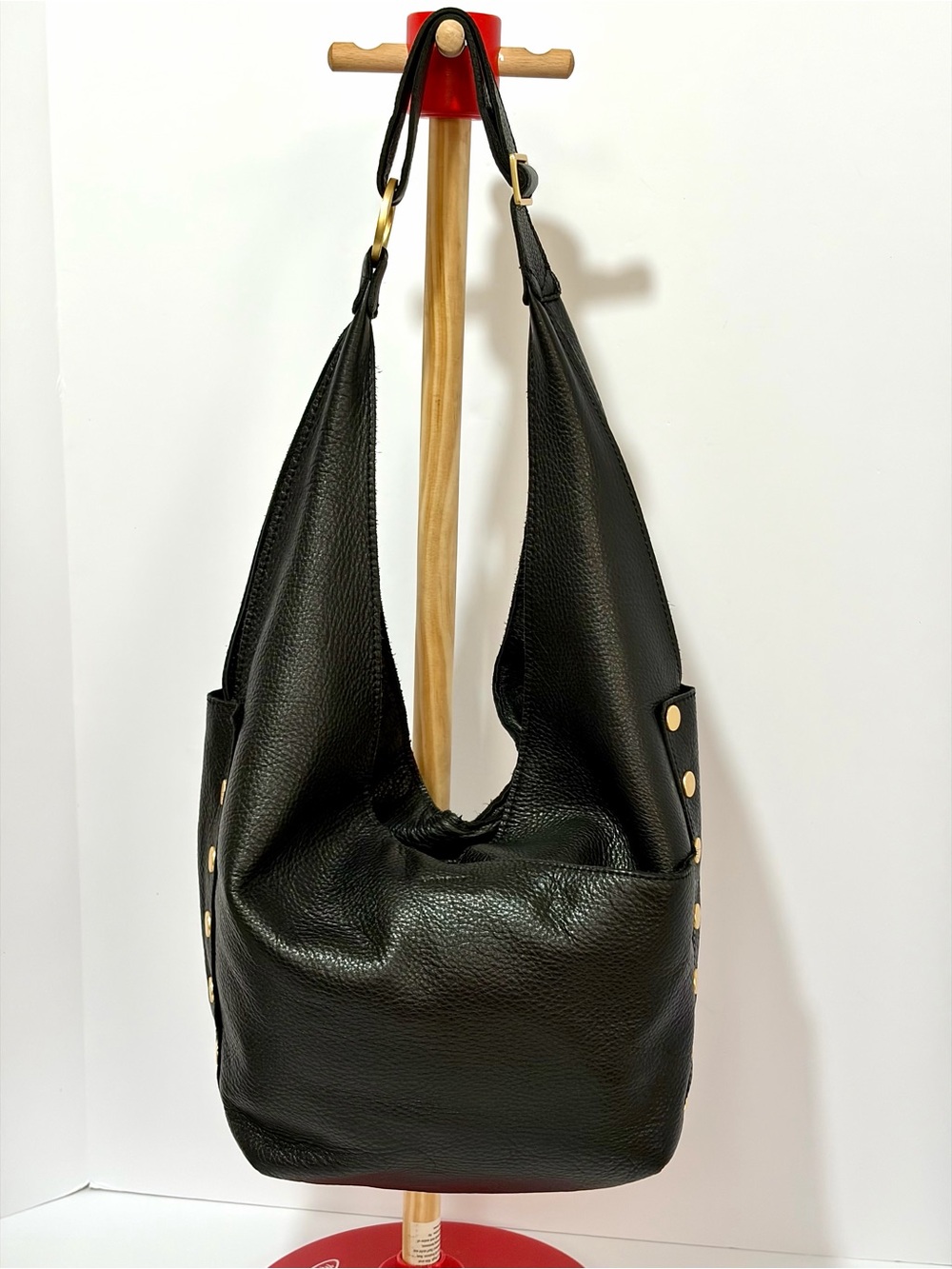 Hammitt Tom Lg Zip Hobo Bag In Black Leather/Brushed Gold Hardware/Red Zip EUC